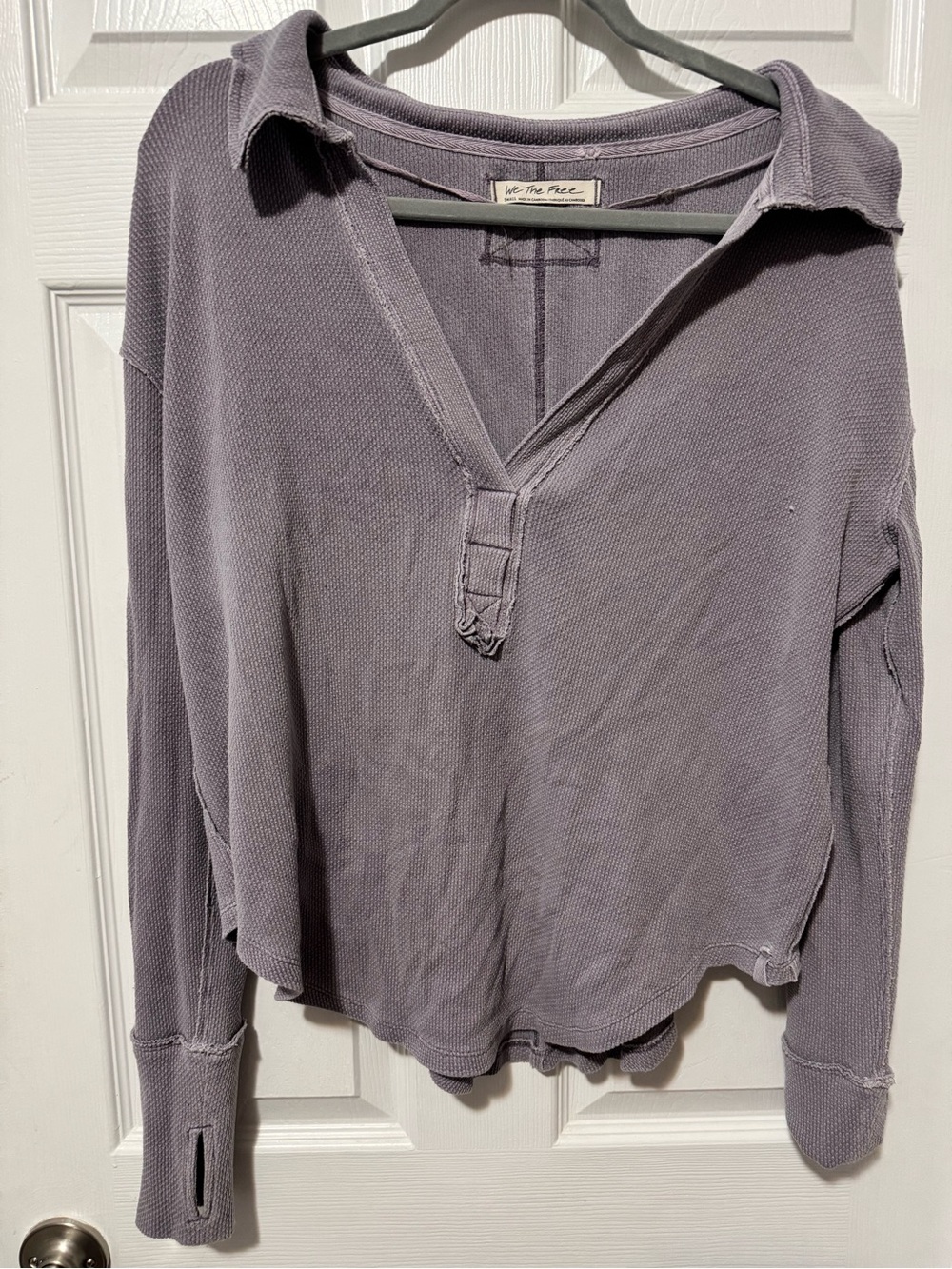 We The Free Dusty Lavender Waffle Polo Long Sleeve Top
